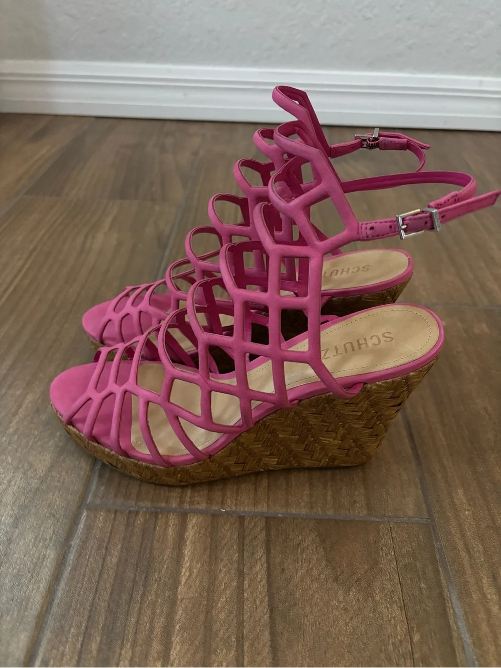 Schutz Marlyn Pink Espadrille Wedge Caged Open Toe Heeled Sandals